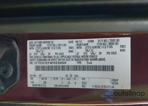 2015 Ford F-150 Xlt из США, поврежденный, VIN 1FTEW1EF4FKE59505